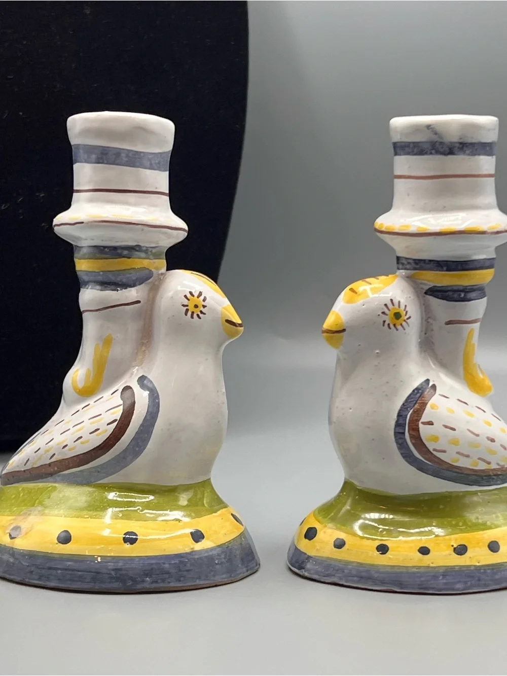 Vintage Portuguese Pottery Candlestick Holder Bird Yellow Blue Authorized Copy